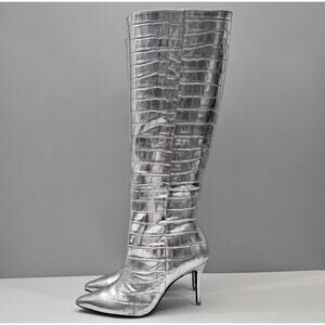 Black Suede Studio Tory Knee High Boot EU 38 Metallic Silver Croc Embossed Heel